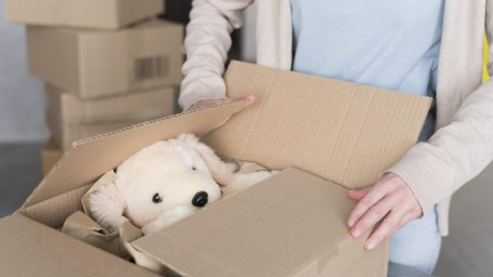 woman-preparing-box-with-teddy-bear-ship